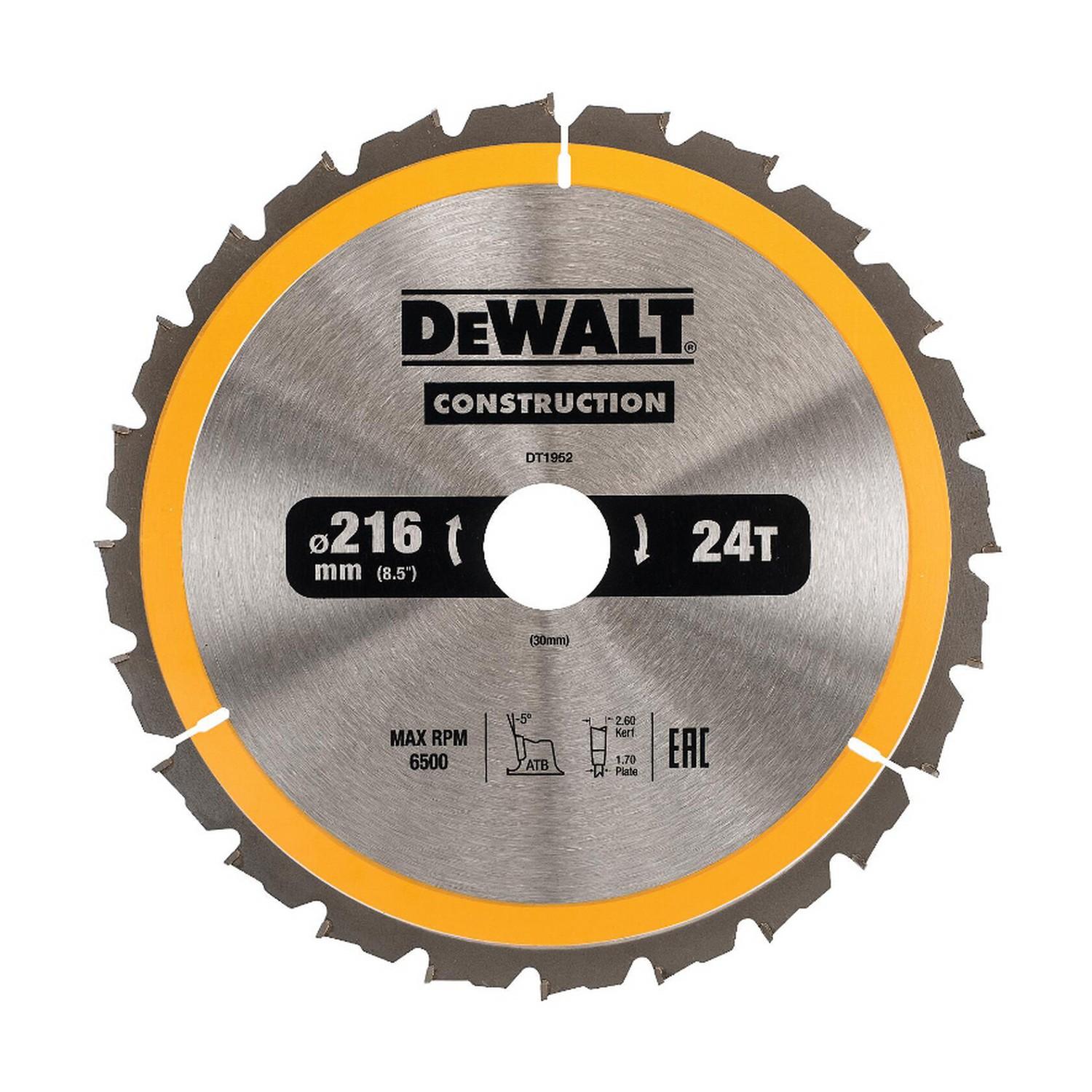 Циркулярен диск за рязане на дърво напречно надлъжно с HM пластини DeWALT Construction - ф216 mm, 24 z, 30 mm, 2.6 mm