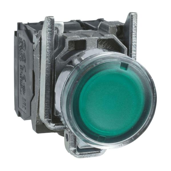 Светещ LED зелен бутон с връщане без надписи Schneider XB4BW33M5, 1НО+1НЗ