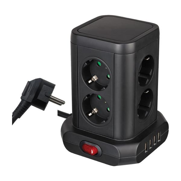 Разклонител тип кула с USB Konekto - 8 гнезда, 1.5 m