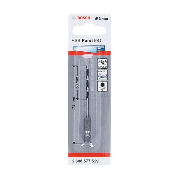 Свредло за метал HSS с 6-стенна опашка Bosch PointTeQ Hex, 2608577519 - ф 3 mm, 33/72 mm