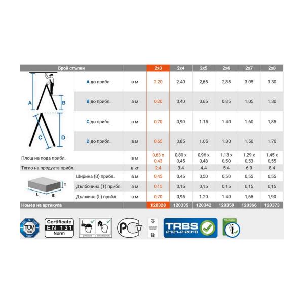Професионална двустранна алуминиева стълба KRAUSE Dopplo – 2×3, 2,20 м