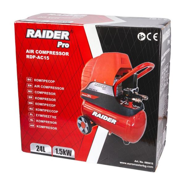 Монофазен въздушен компресор Raider Pro RDP-AC15 – 1500 W, 110 л/мин, 24 л