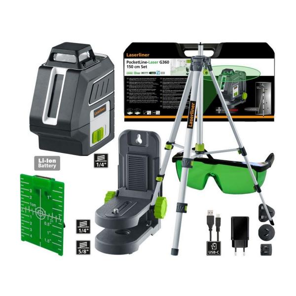 Линеен лазерен нивелир със зелен лъч, статив и куфар с аксесоари Laserliner PocketLine-Laser G360 Set, 036.723A - 30 m, 0.3 mm/m