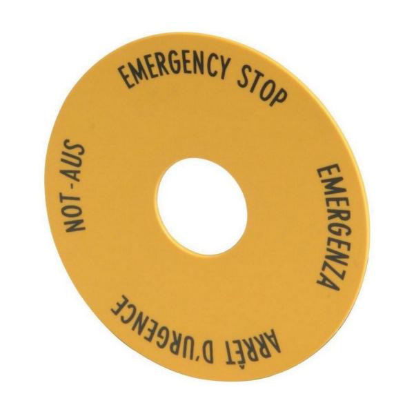Стикер за авариен жълт бутон на 4 езика EATON M22-XAK1, 216465 - D=90 mm, DE, EN, FR, IT