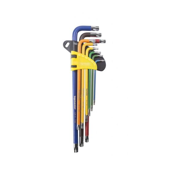Комплект удължени цветни шестограми Top Master Pro 390174, Torx, T10-50, 9 броя