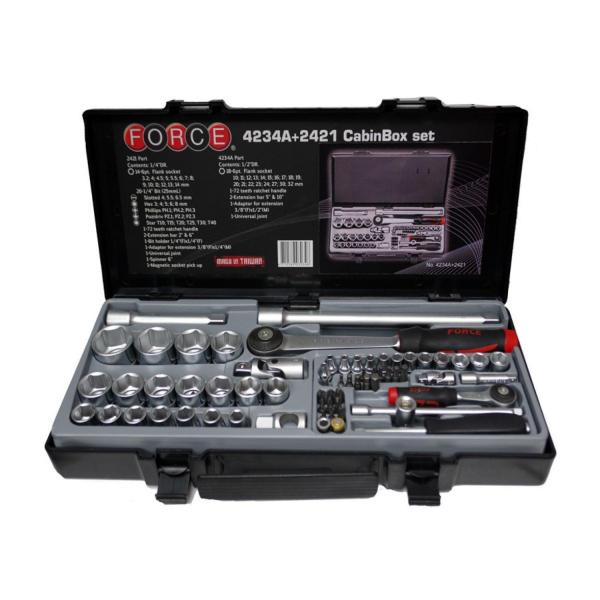 Комплект гедоре FORCE 4234A + 2421 – 65 части, 1/4 и 1/2