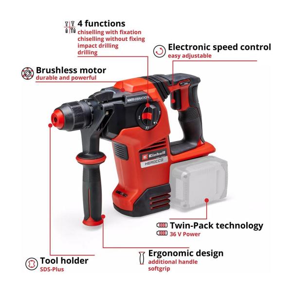 Акумулаторен перфоратор със SDS-Plus Einhell HEROCCO 36/28 – 2x18 V, 3.2 J