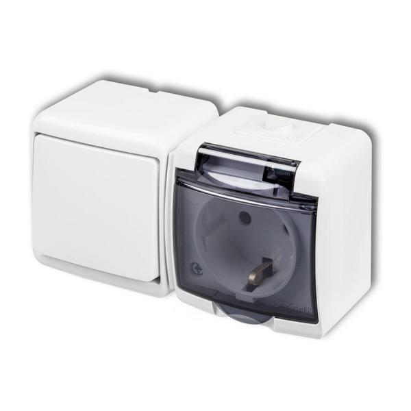 Хоризонтален микс Karlik JUNIOR IP54, WGHH-1sd – ключ + контакт Шуко, бял