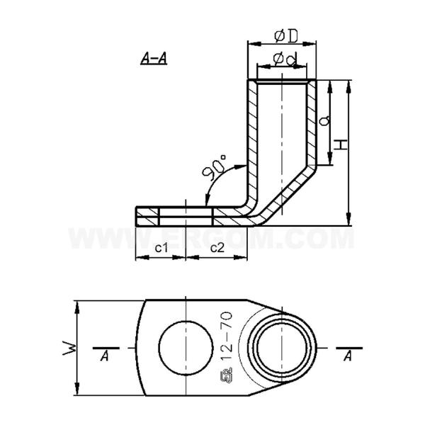 Кабелна обувка ERGOM K90D 70/10 – 70 мм², M10, Cu