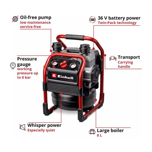 Акумулаторен компресор Einhell SILENZZO 36/210 – 36 V, 8 bar, 56 л/мин
