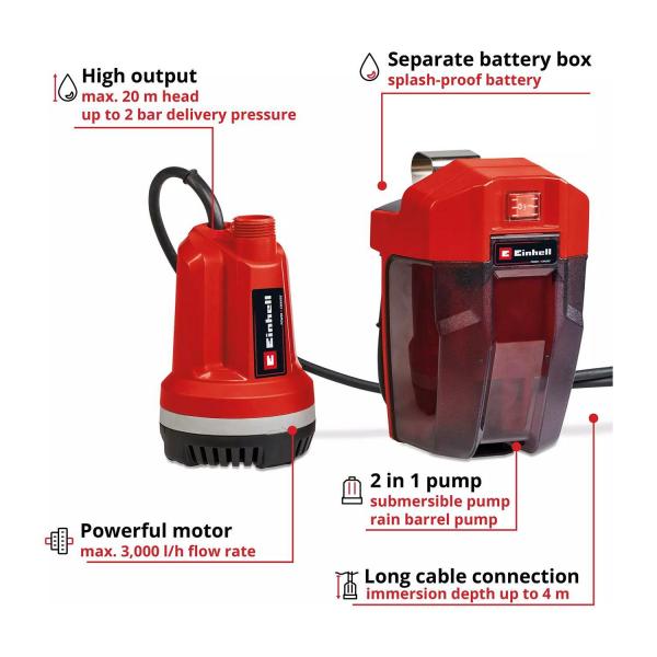 Акумулаторна потопяема високонапорна помпа Einhell GE-PP 18 RB Li – 18 V, 3000 л/ч, 20 м
