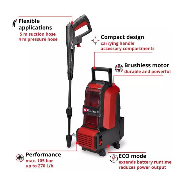 Акумулаторна водоструйка Einhell HYPRESSO 36/105 – 105 bar, 270 л/ч, 36 V