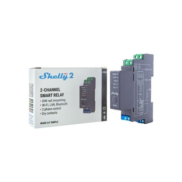 Импулсно Smart реле Shelly PRO 2 – 2x On/Off 16 A (25 A), DIN монтаж, LAN, Wi-Fi и Bluetooth