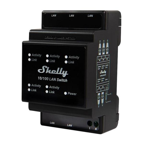Мрежов комутатор Shelly LAN Switch – 5x RJ45 10/100 Mbps, DIN монтаж, 110–230 V