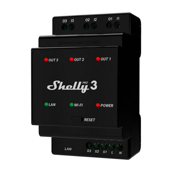 Импулсно Smart реле Shelly PRO 3 - 3x On/Off 16A (48A), DIN монтаж, Wi-Fi, LAN и Bluetooth