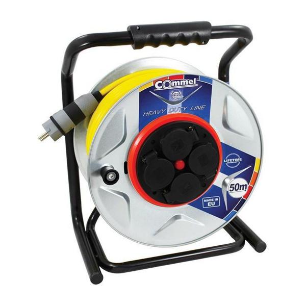 Удължител на макара Commel C200-382 – 50 м, 4 шуко, IP44, AT N07V3V3-F 3G1,5 мм²