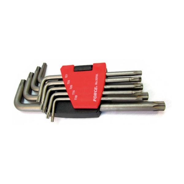 Комплект Г-образни удължени TORX ключове с отвор Force 5098LT – 9 бр., T10H–T50H