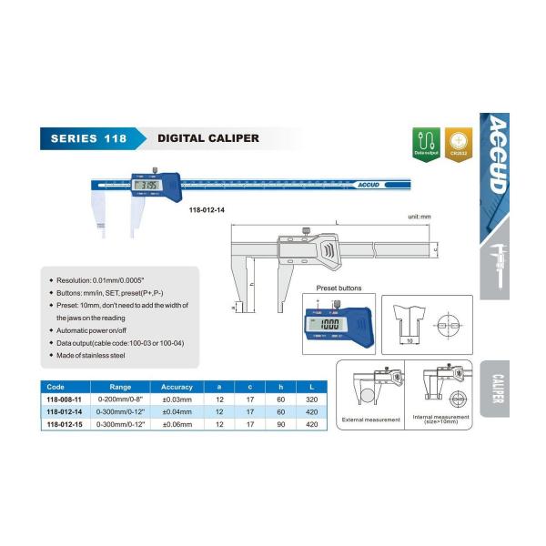 Дигитален шублер ACCUD 118-012-15 – 0–300 мм, 0,01 мм, челюсти 90 мм