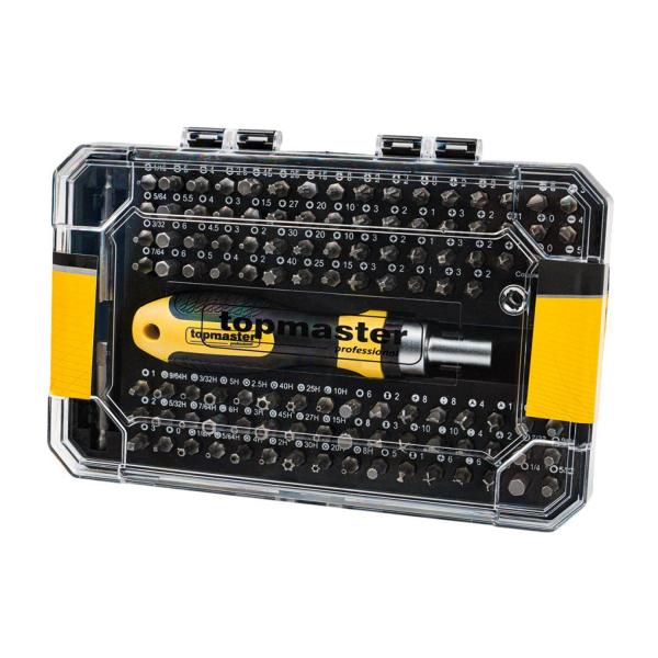 Комплект битове с тресчотна отвертка Top Master Pro 223900, 115 части